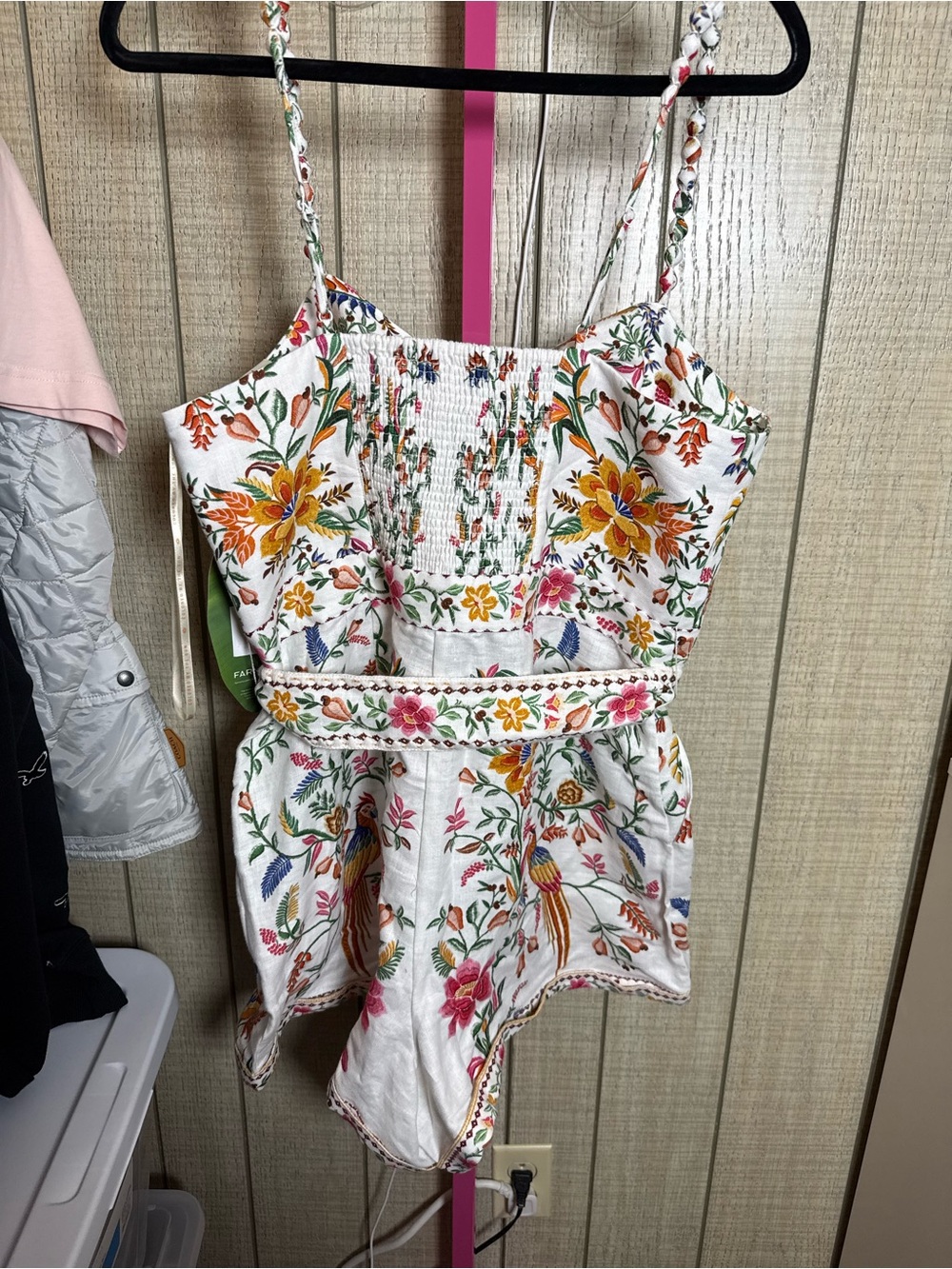 FARM Rio Women's Delicate Forest Linen Romper with Self-Tie Belt & Side zipper - Picture 4 of 6